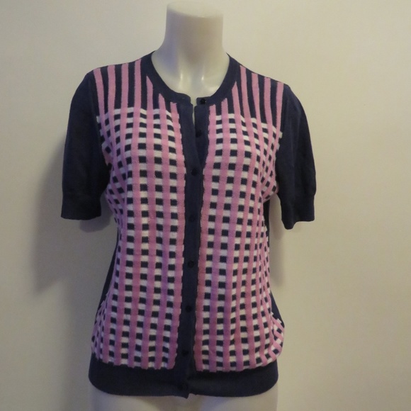 CHOCHENE ITALIA BLUE/LAV/WHT CARDIGAN SWEATER 4* - Picture 3 of 5